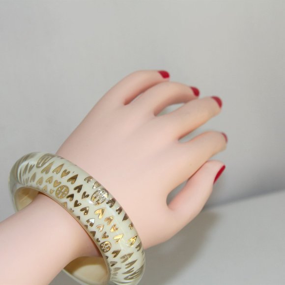 Tory Burch Clear, Ivory Lucite Gold Heart Bangle - Picture 6 of 12